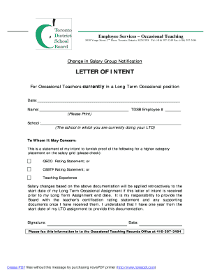 LETTER of INTENT Toronto Occasional Teachers Etfo Torots  Form