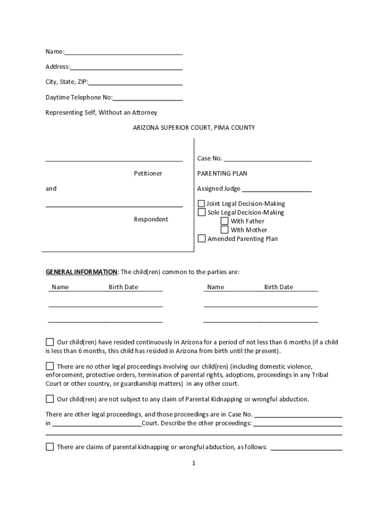 Arizona Parenting Plan  Form