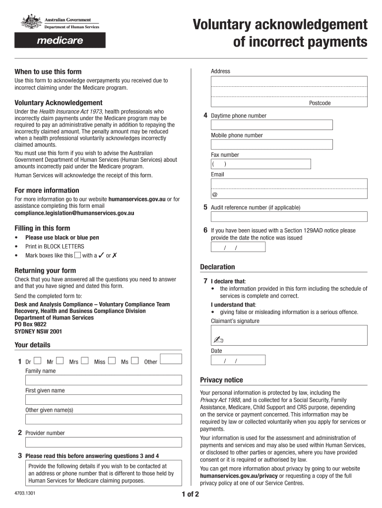  Voluntary Acknowledgement of Incorrect Payments Form  Humanservices Gov 2013