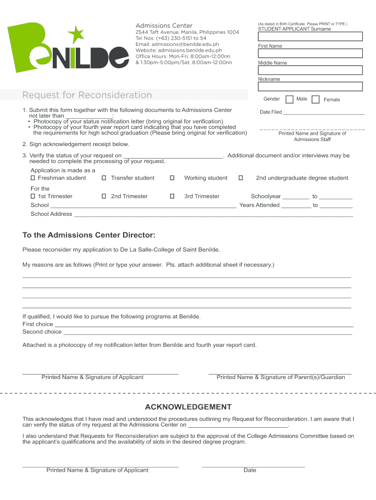 Benilde Reconsideration Form