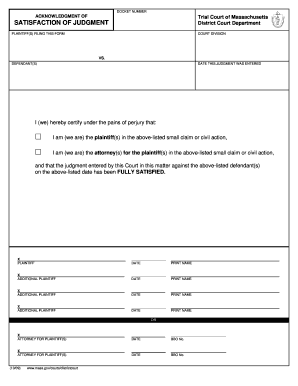 Satisfaction of Judgment Massachusetts  Form