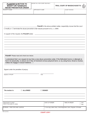 Plaintiffs Motion to Modify or Terminate Abuse Prevention Order Plaintiffs Motion to Change or End 209A Order Mass  Form