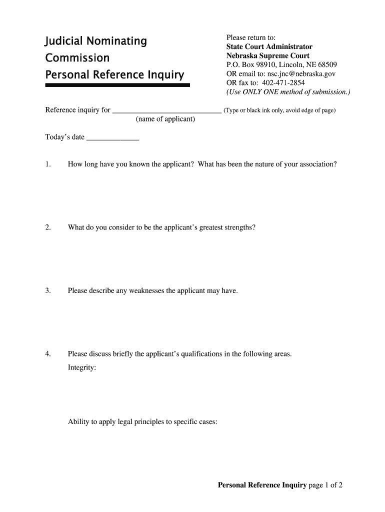Judicial Nominating Commission Personal Reference Inquiry  Form