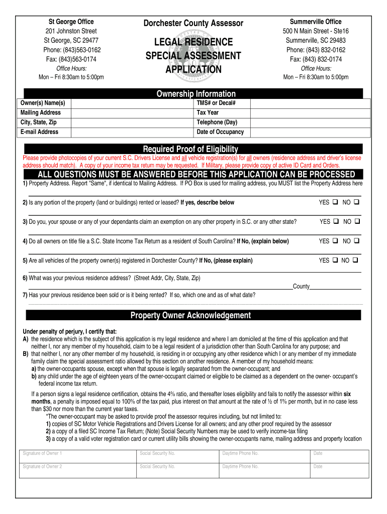 Legal Residence Special Assessment Application  Dorchester County  Form