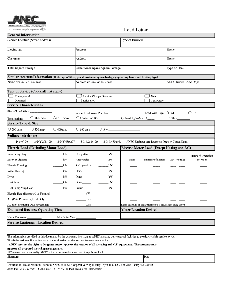 Load Letter  a Amp N Electric Cooperative  Form