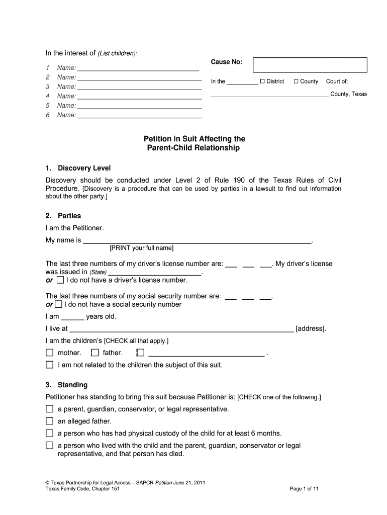 Petition in Suit Affecting the Parent Child Relationship SAPCR Forms