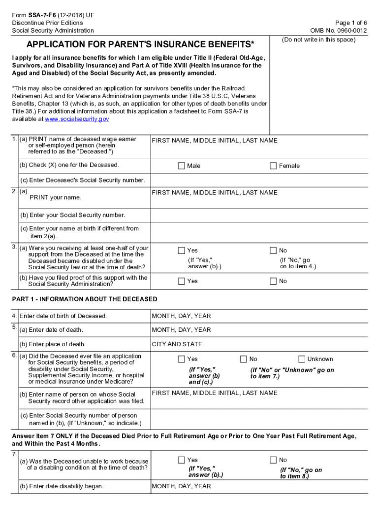  APPLICATION for PARENT'S INSURANCE BENEFITS* APPLICATION for PARENT'S INSURANCE BENEFITS* 2018-2024