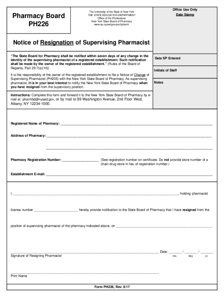  PDF PH226 Notice of Resignation of Supervising Pharmacist 2017-2024