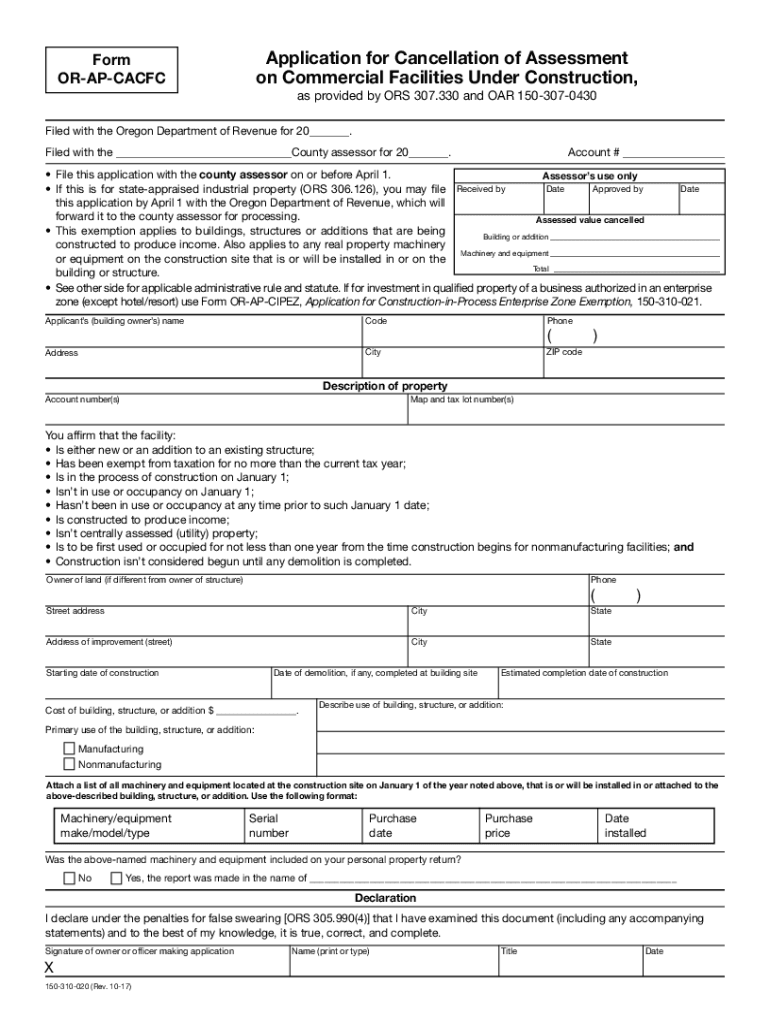 Form or AP CACFC, Application for Cancellation of Assessment on Commercial Facilities under Construction, 150 310 020