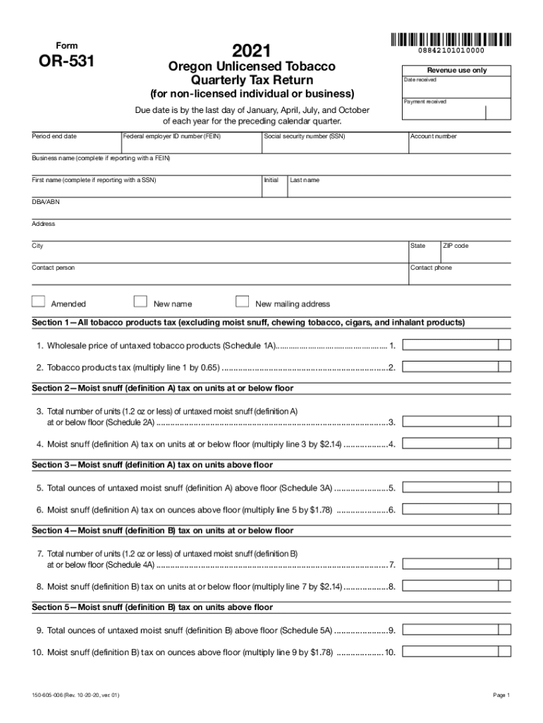 Form or 530, Oregon Quarterly Tax Return for Tobacco Distributors, 150 605 004