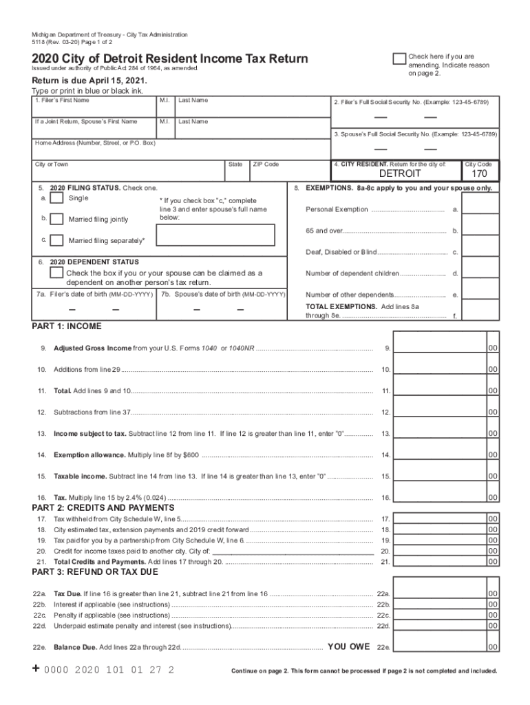  5118, City of Detroit Resident Income Tax Return 5118, City of Detroit Resident Income Tax Return 2020