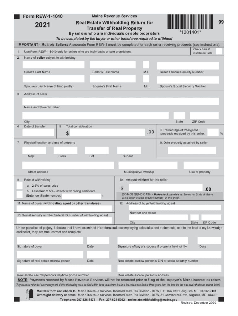  Form REW 1 1040 Maine Revenue Services Real Estate 2021