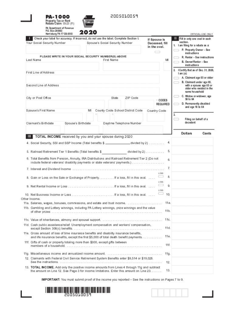 Property Tax Or Rent Rebate Claim PA 1000 FormsPublications Fill Out 