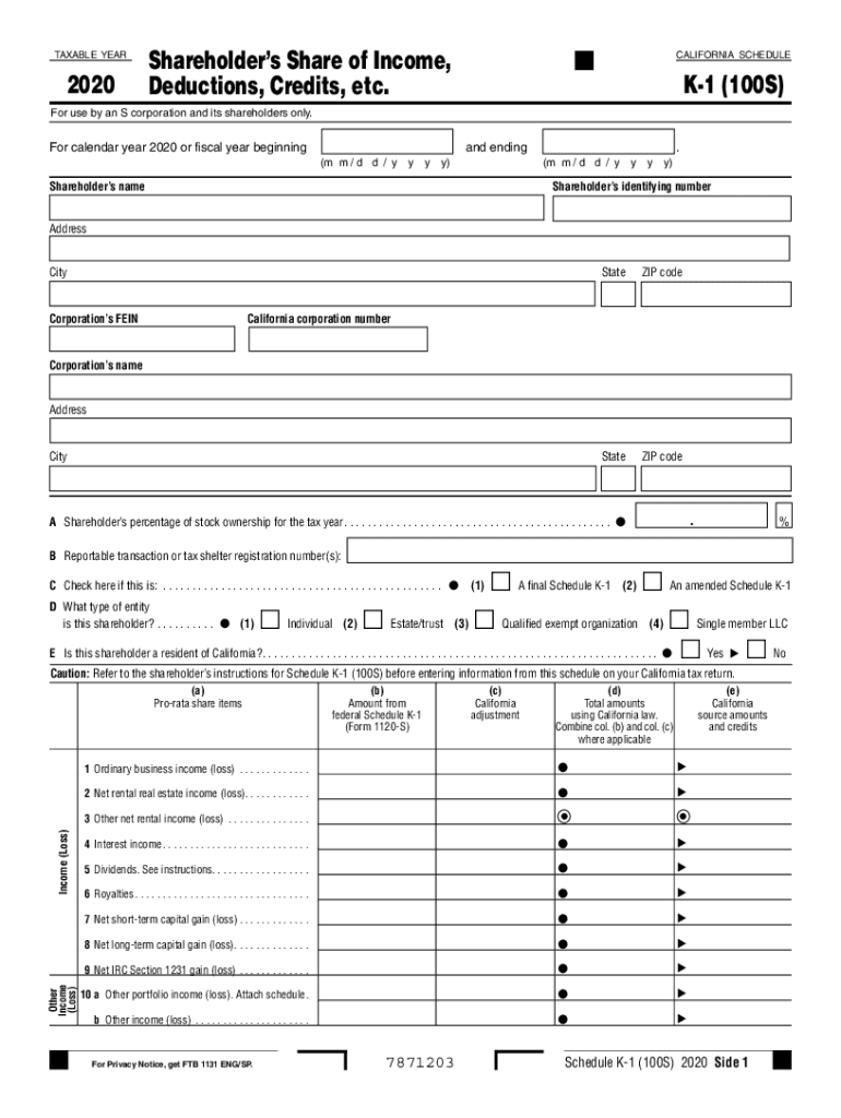  Schedule K 1 100S, Shareholder's Share of Income, Deductions, Credits, Etc , Schedule K 1 100S, Shareholder's Share of Income, D 2020