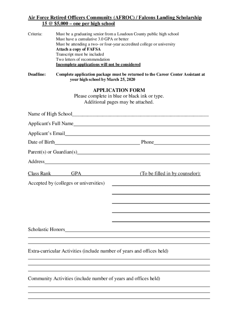 Falcons Landing Scholarship  Form