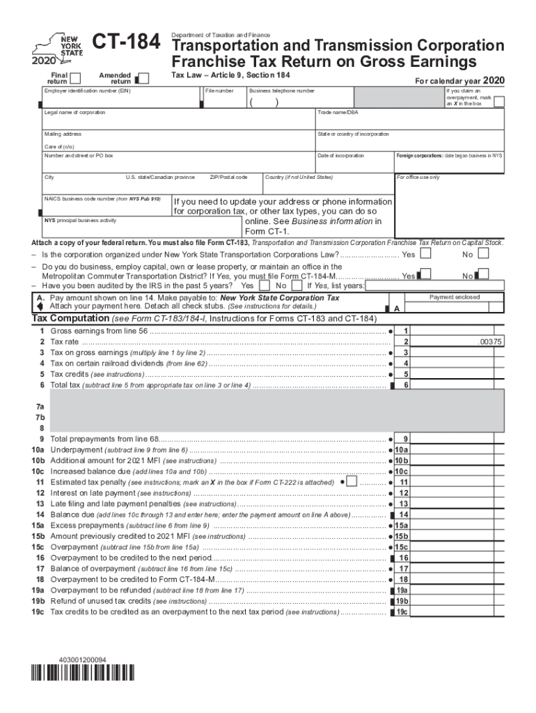 New York Form CT 184 Transportation and Transmission