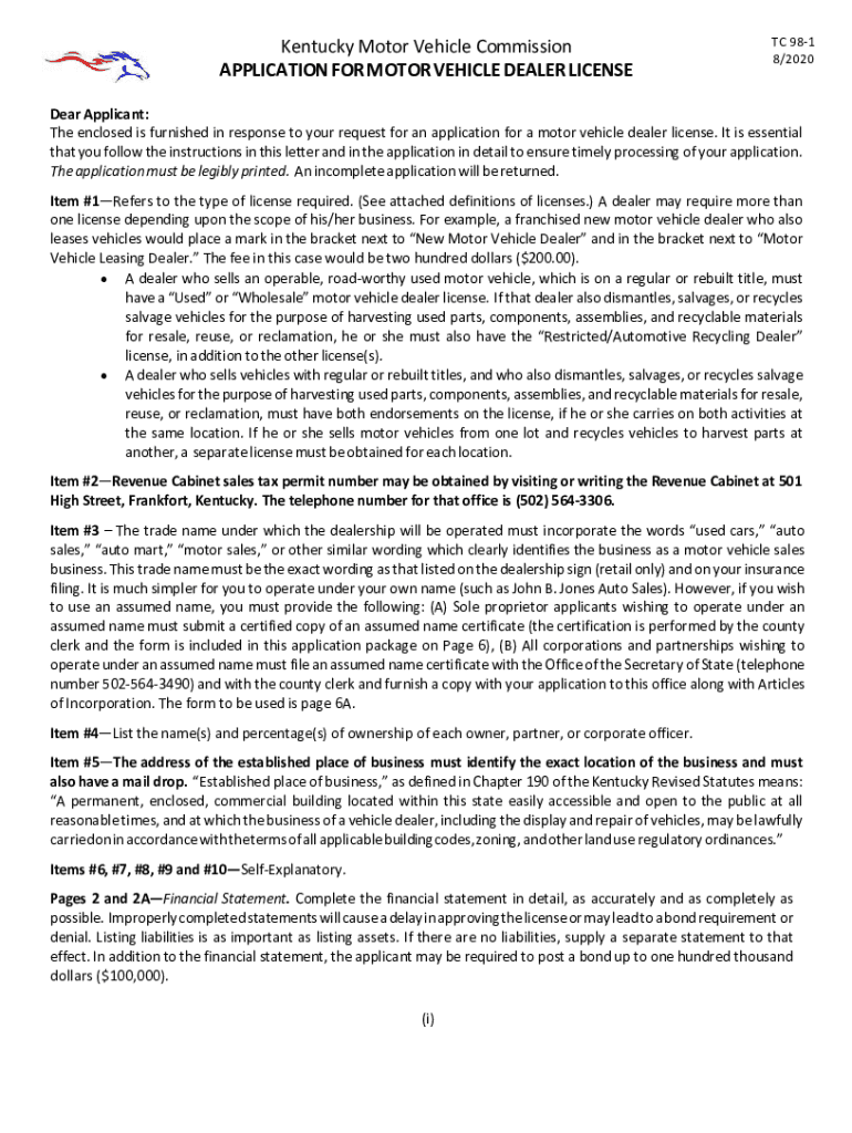 Kentucky Motor Vehicle Commission APPLICATION for MOTOR  Form