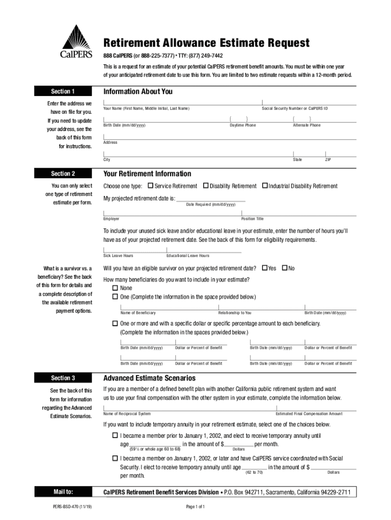  Retirement Allowance Estimate Request CalPERS CA Gov 2019-2024