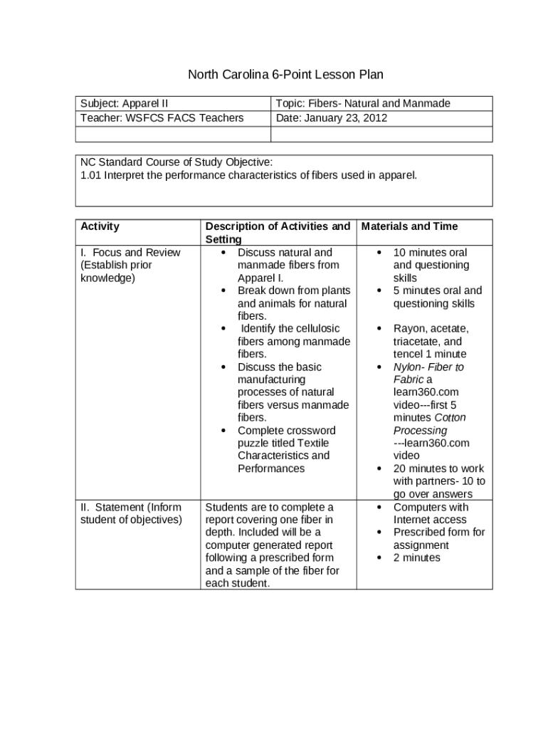 Six Point Lesson Plan Template  Form