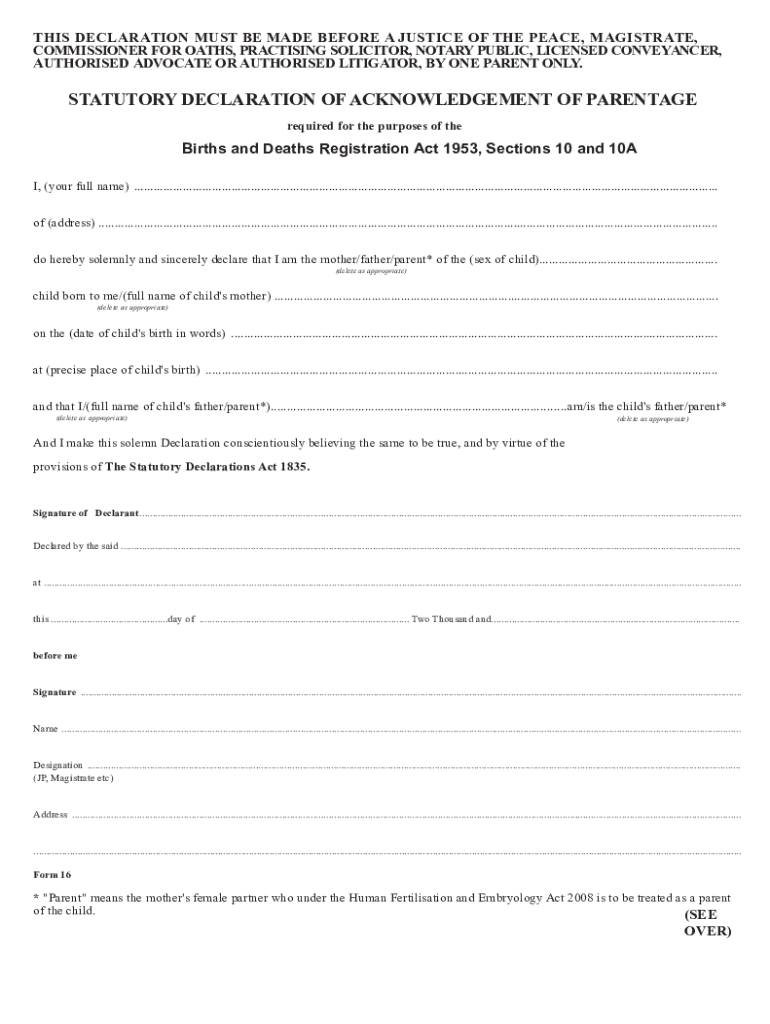 Form Statutory Declaration Acknowledgement Parentage