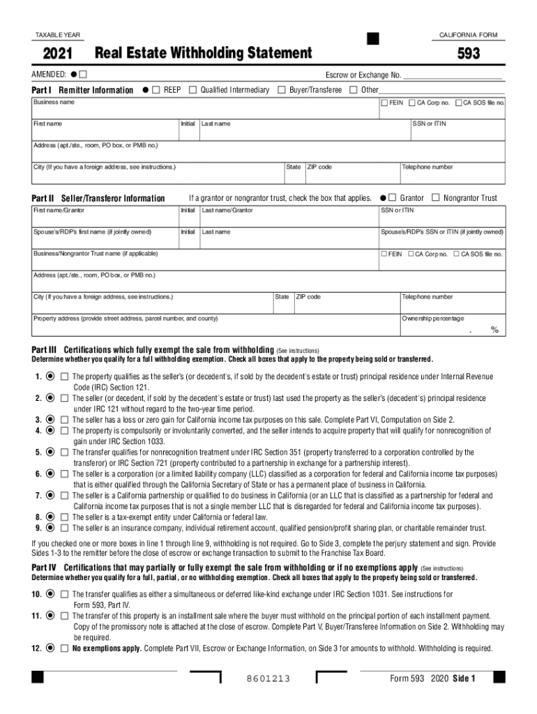 Form 593 Real Estate Withholding Statement Form 593 Real Estate Withholding Statement