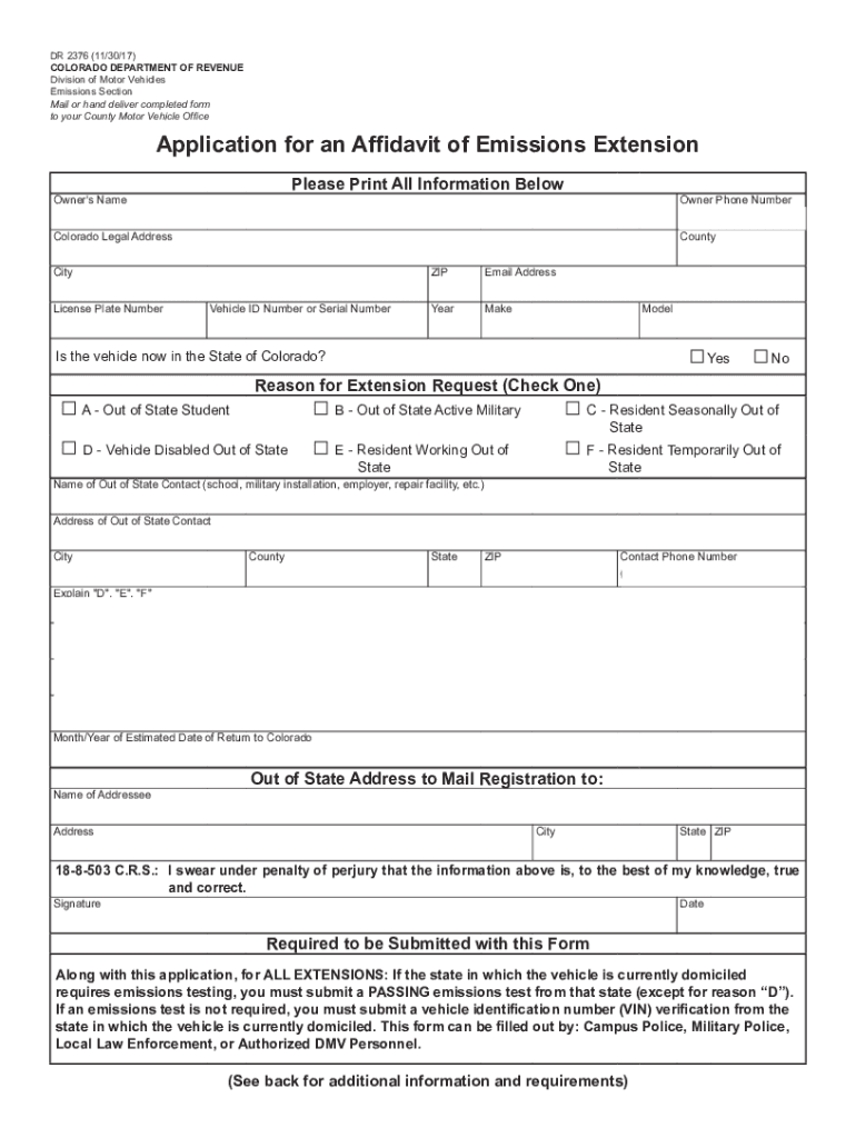 Application for an Affidavit of Emissions Extension  Form