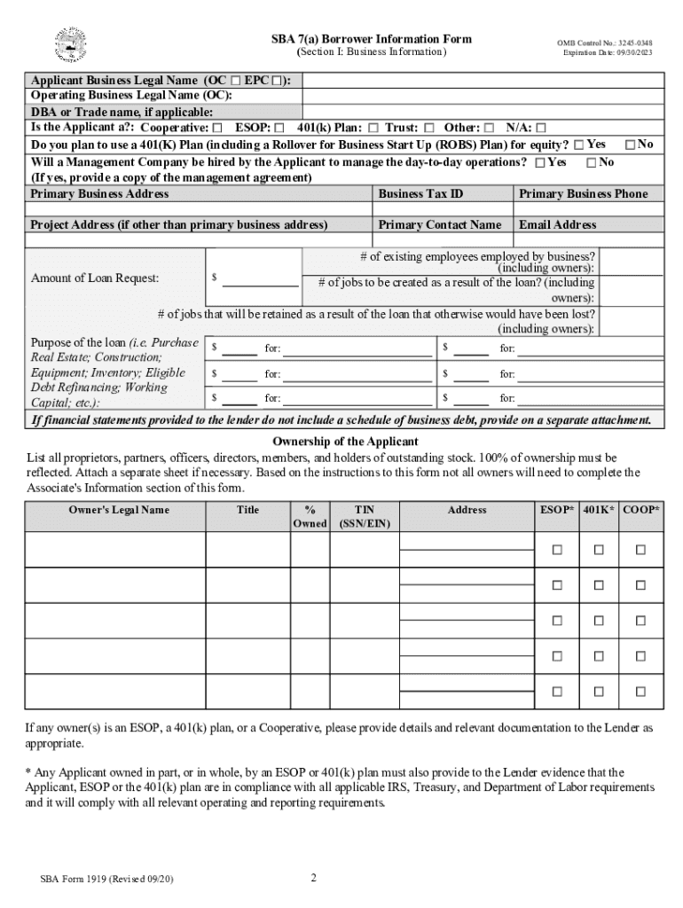 Form SBA 1919 Fill Online, Printable, Fillable