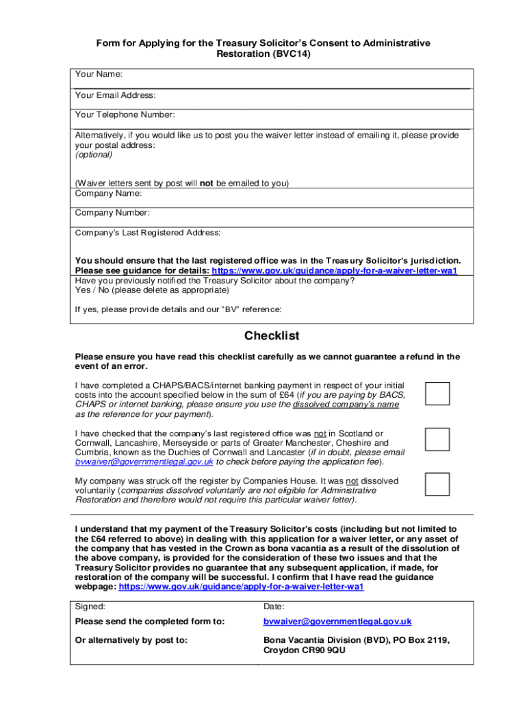 Form for Applying for the Treasury Solicitor S Consent to Administrative Restoration BVC14