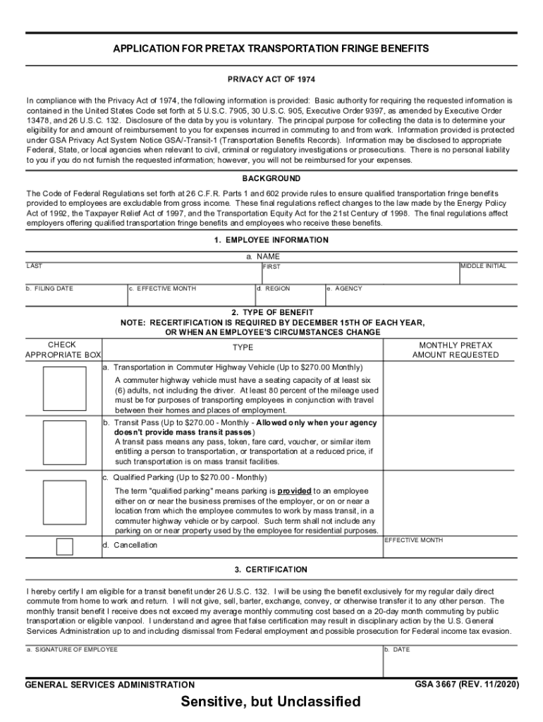  GSA 3667 Application for Pretax Transportation Fringe Benefits 2020-2024