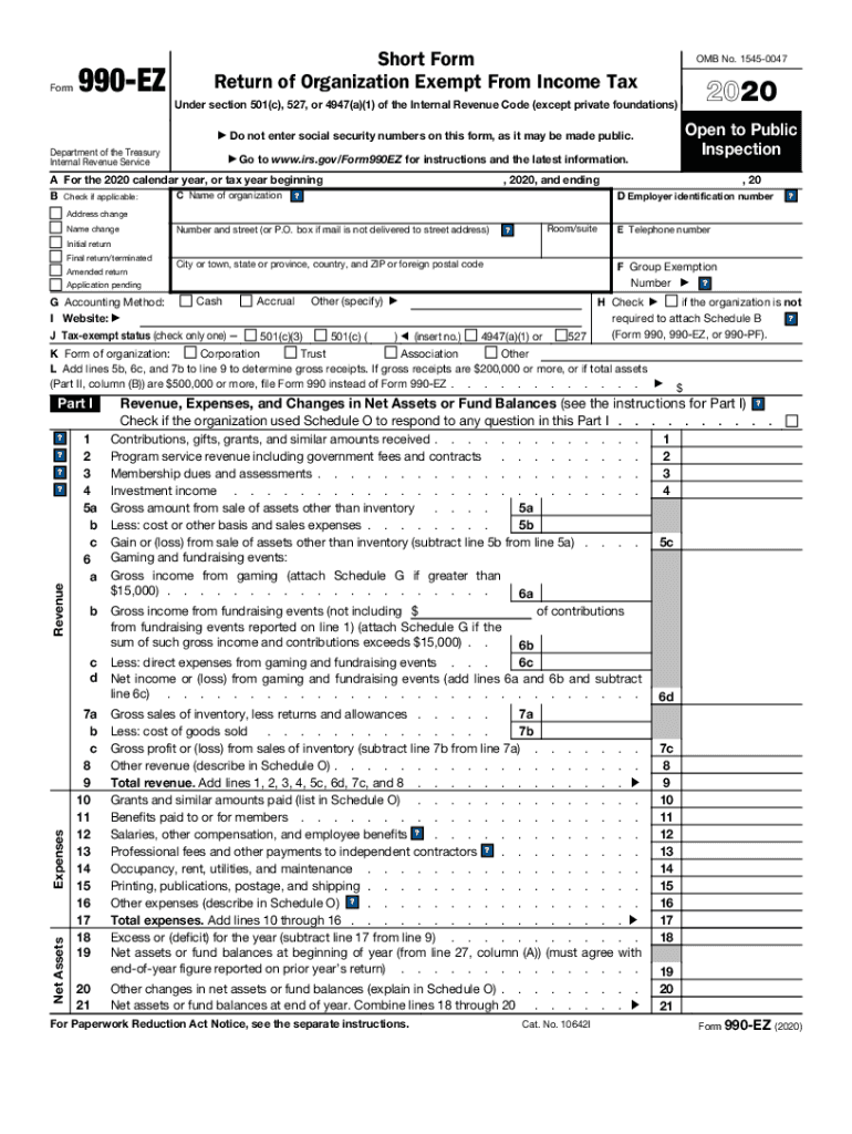  Form 990 EZ Short Form Return of Organization Exempt from Income Tax 2020