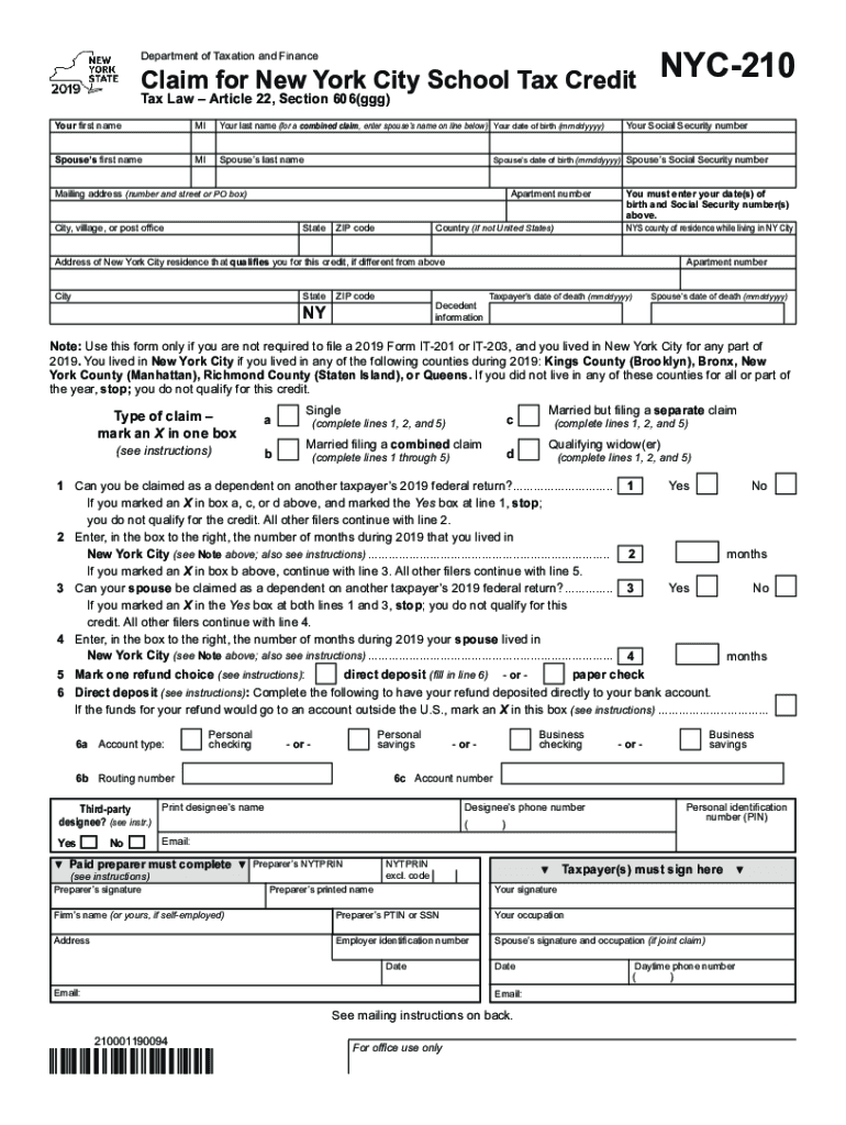  Form NYC 210Claim for New York City School Tax Credit 2019