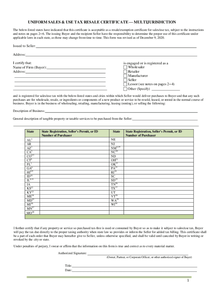  PDF Uniform Sales & Use Tax Resale Certificate Multijurisdiction 2020-2024