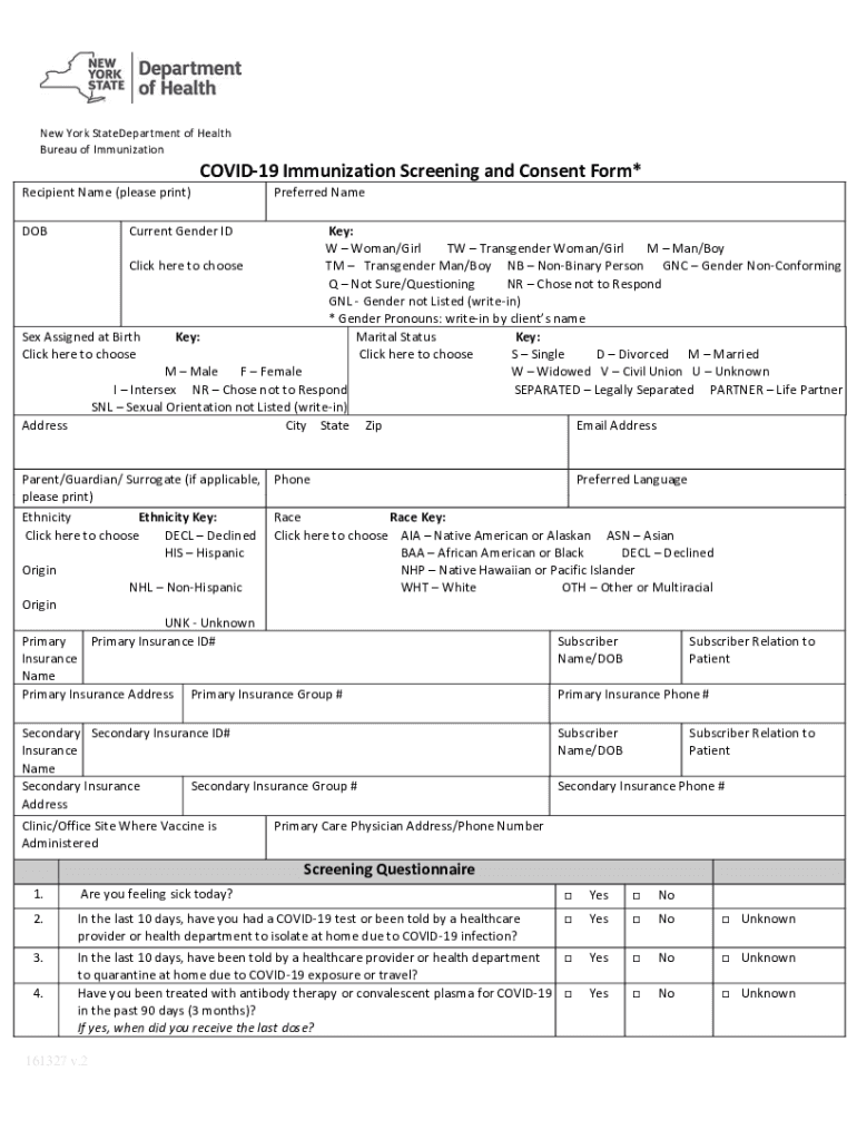 Covid 19 Immunization Screening and Consent Form