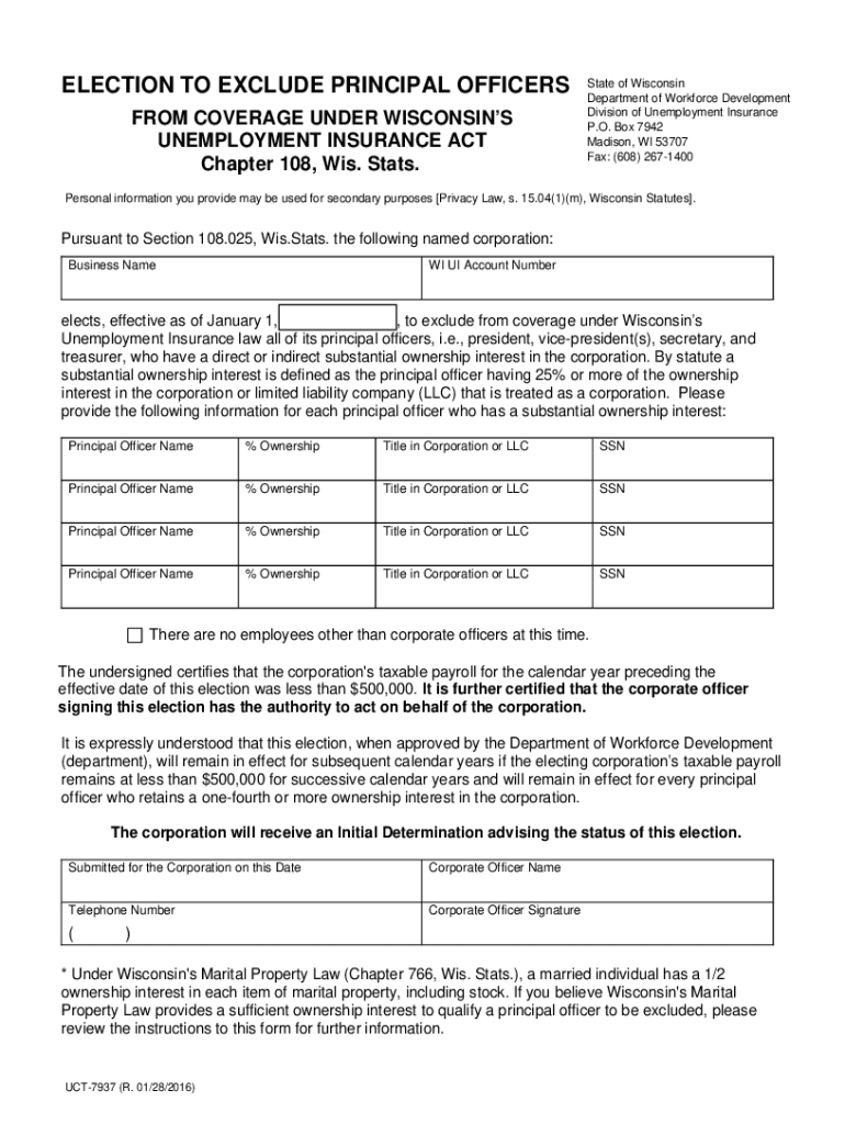  UCT 7937, Election to Exclude Principal Officers This Form is Used by Employers to Elect Out of Paying State Unemployment Tax on 2016-2024