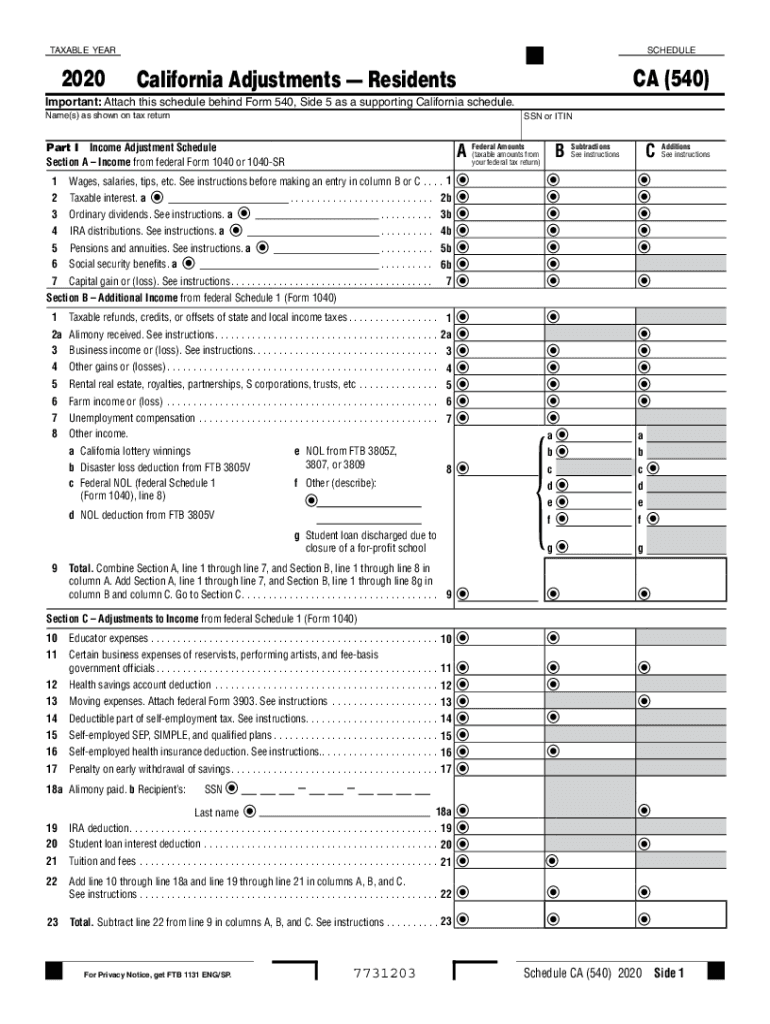  Schedule CA 540 California Adjustments Residents Schedule CA 540 California Adjustments Residents 2020