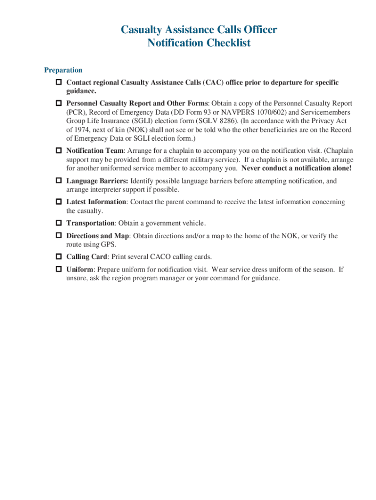 Contact Regional Casualty Assistance Calls CAC Office Prior to Departure for Specific  Form