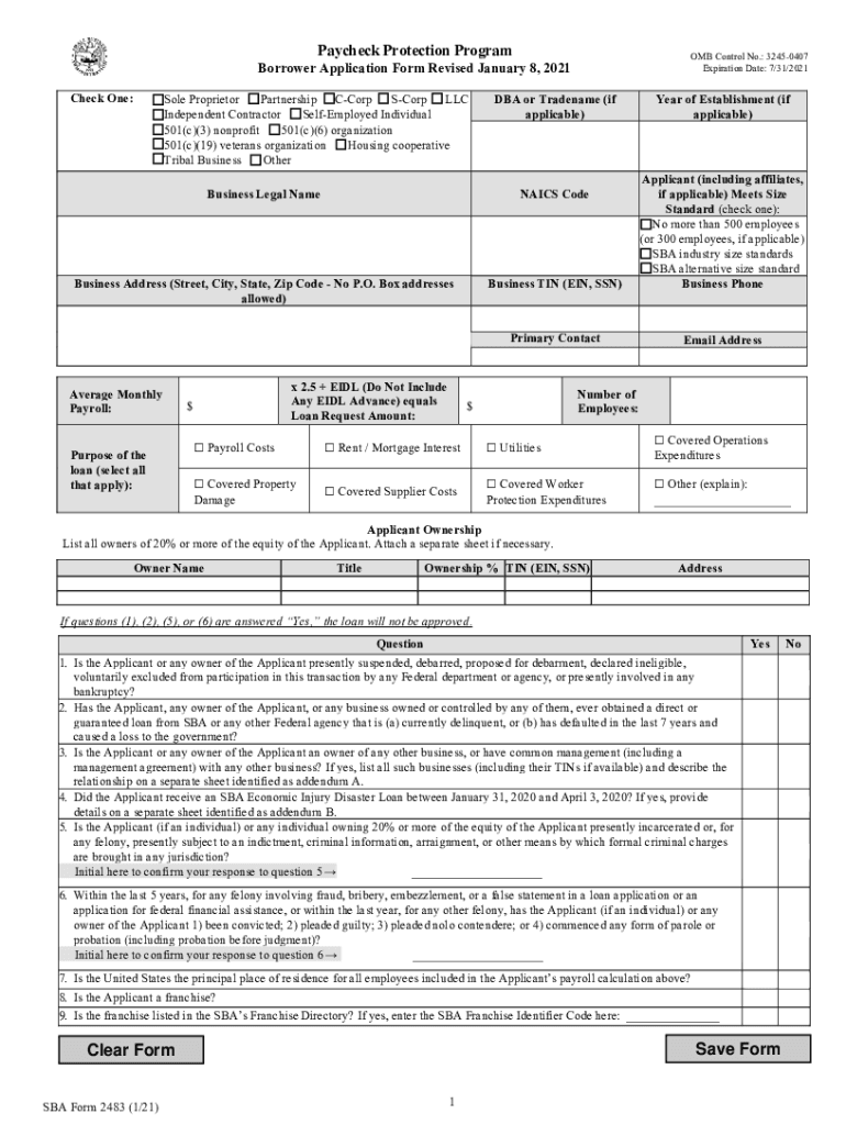  Paycheck Protection Program Borrower Application Form Revised January 8, 2021