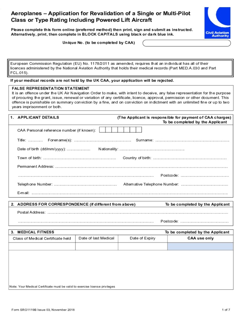 SRG1119A AeroplanesApplication for Issue of a Single  Form