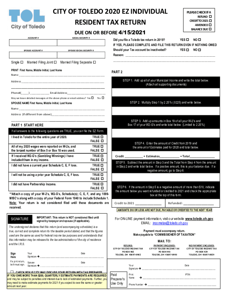 City of Toledo Ez Individual Resident Tax Return  Form