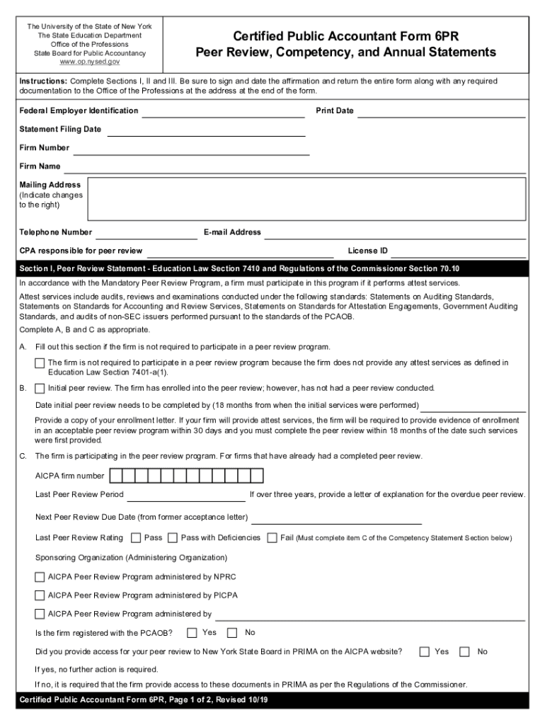  Certified Public Accountant Form 6PR Peer Review, Competency, and Annual Statements 2019-2024