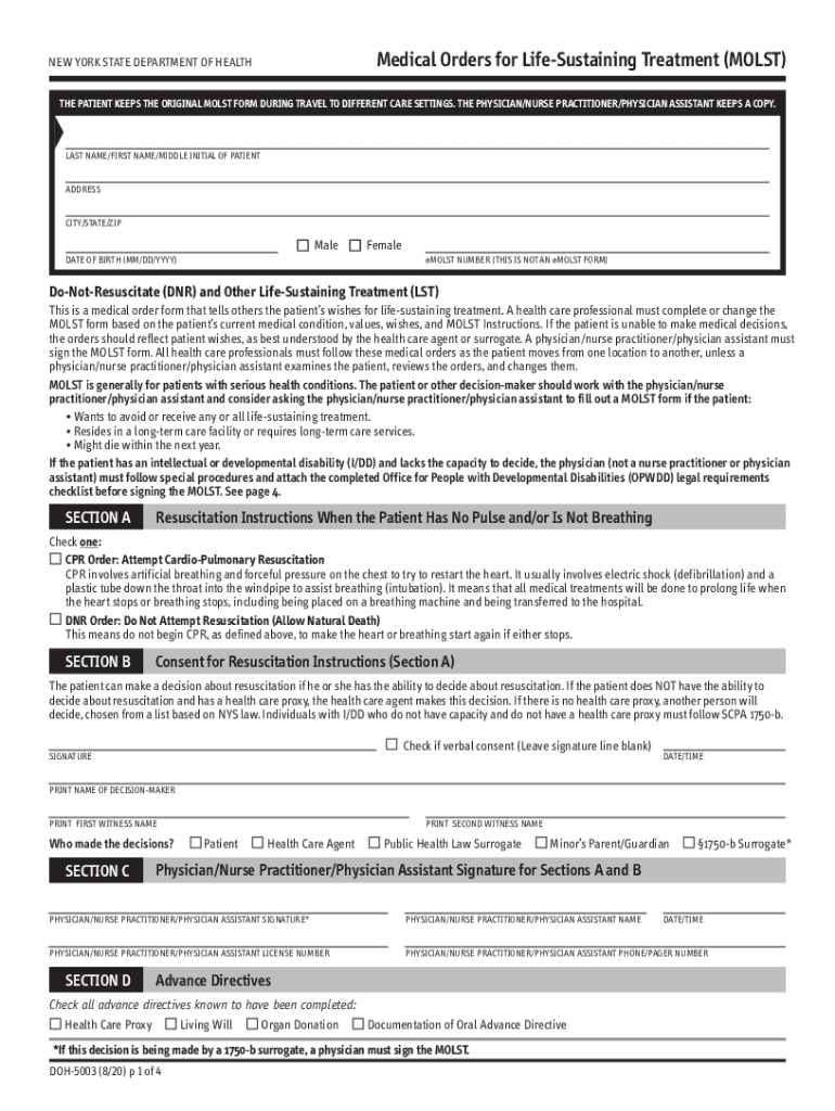 Medical Orders for Life Sustaining Treatment MOLST DOH 5003  Form