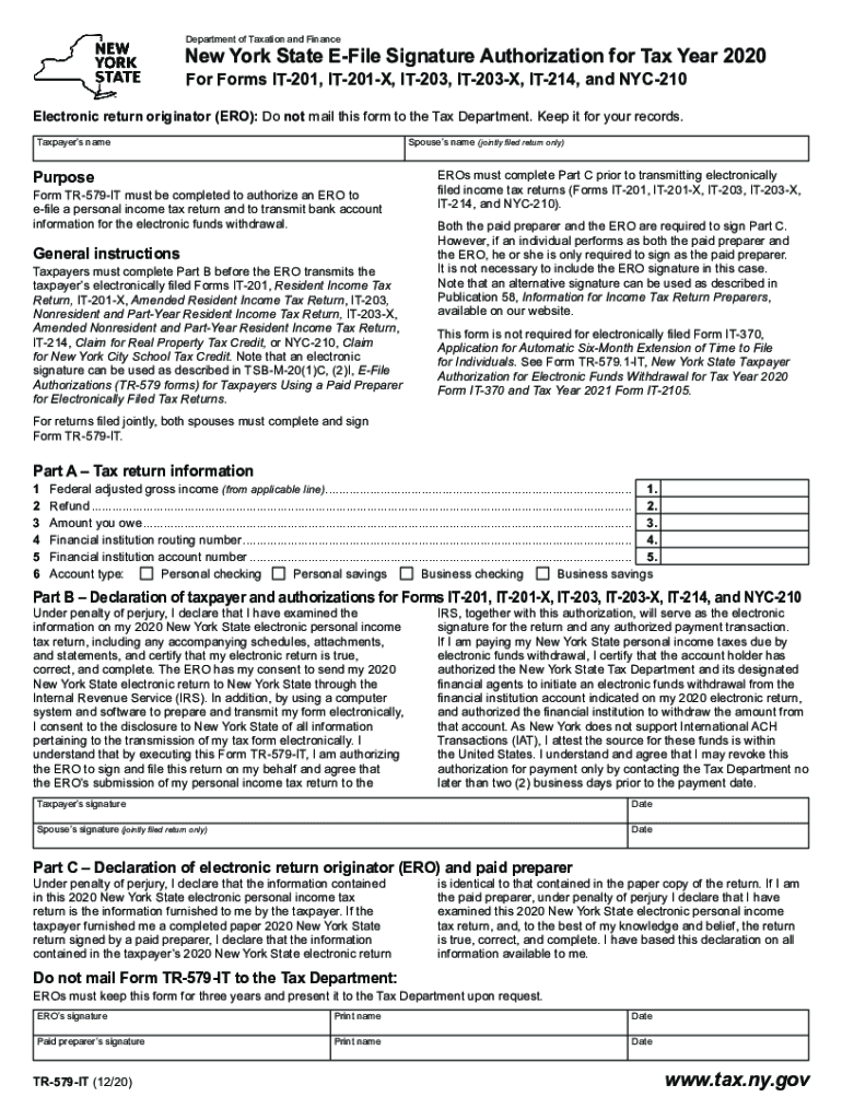  New York State E File Signature Authorization for Tax Year for Forms it 201, it 201 X, it 203, it 203 X, it 214, and NYC 210 2020