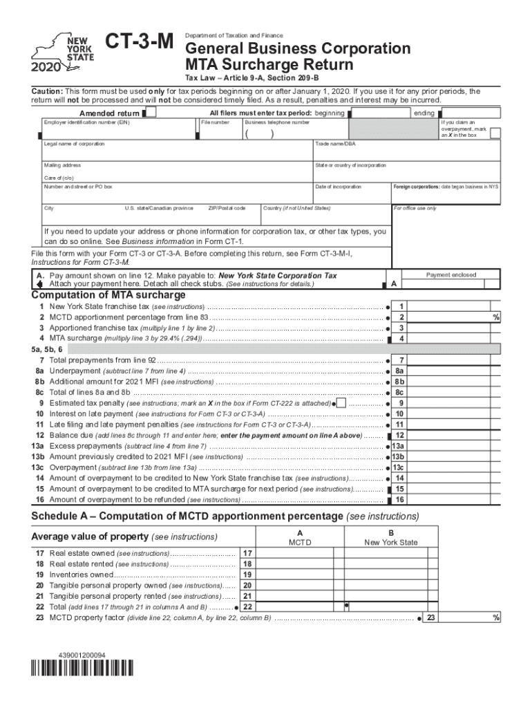  Form CT 3 M General Business Corporation MTA Surcharge Return Tax Year 2020