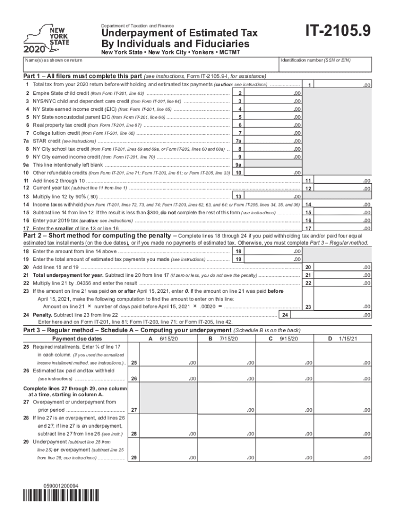 Form it 2105 9 Underpayment of Estimated Income Tax by Individuals and Fiduciaries Tax Year 2020