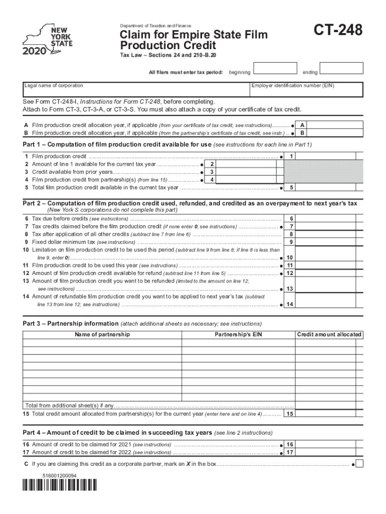  Form CT 248 Claim for Empire State Film Production Credit Tax Year 2020