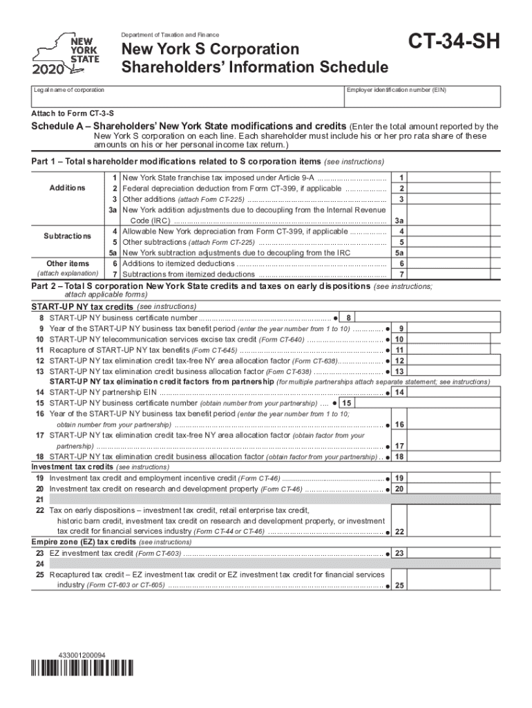  Form CT 34 SH New York S Corporation Shareholders' Information Schedule Tax Year 2020
