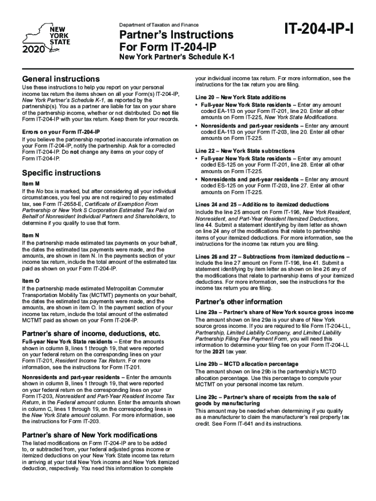  Instructions for Form it 204 IP New York Partners Schedule K 1 Tax Year 2020