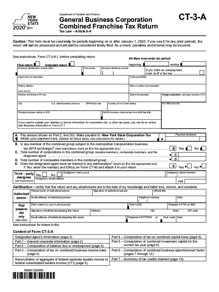  Form CT 3 a General Business Corporation Combined Franchise Tax Return Tax Year 2020