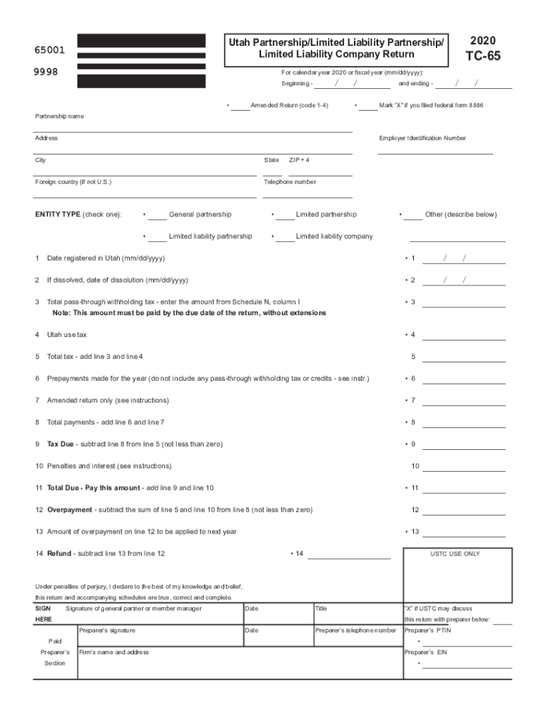  TC 65 Forms, Utah PartnershipLLPLLC Return Forms & Publications 2020