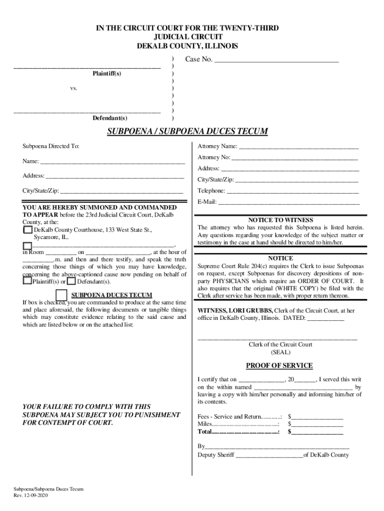 23rd Circuit Court Subpoena Duces Tecum  Form